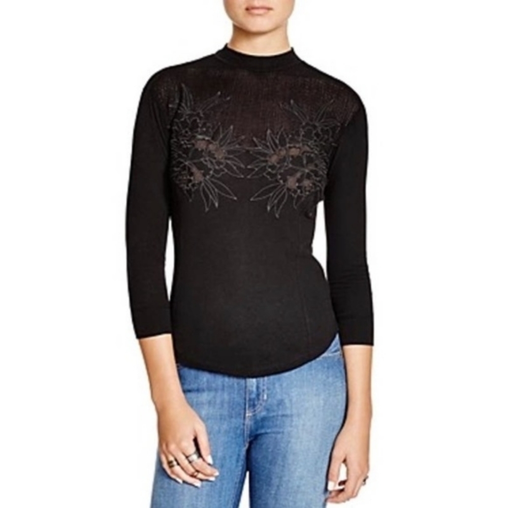 Free People Black Lace Yoke Long Sleeve Stretch Embroided Top